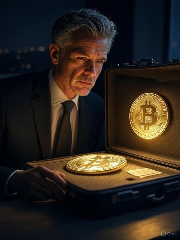 Man looking at Bitcoin briefcase