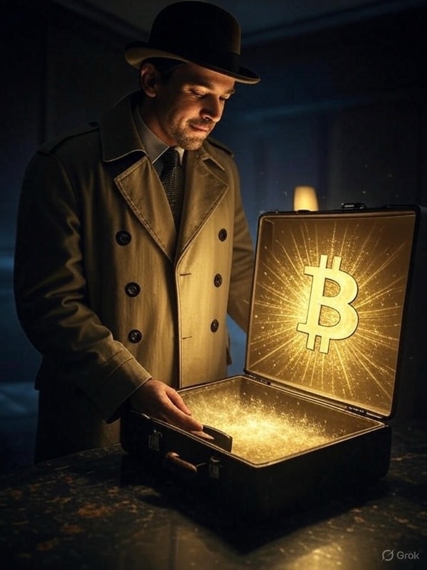 Man looking at Bitcoin briefcase