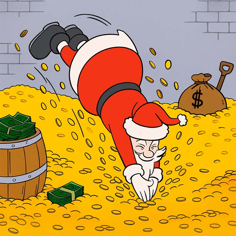 Santa diving into a room full of gold coins