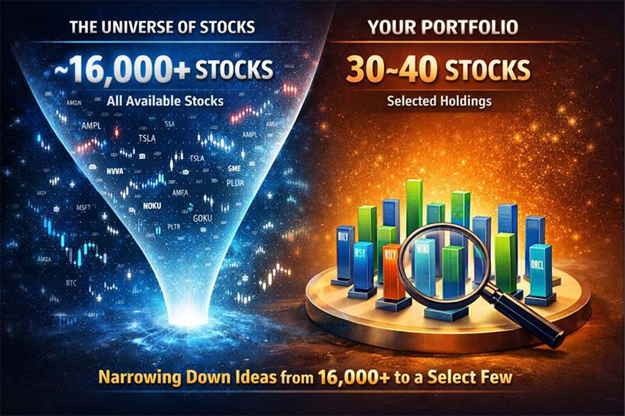Conceptual image of narrowing down ideas from 16,000+ stocks to a select few.