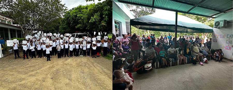 Collage of padrino kids with supplies and at workshop