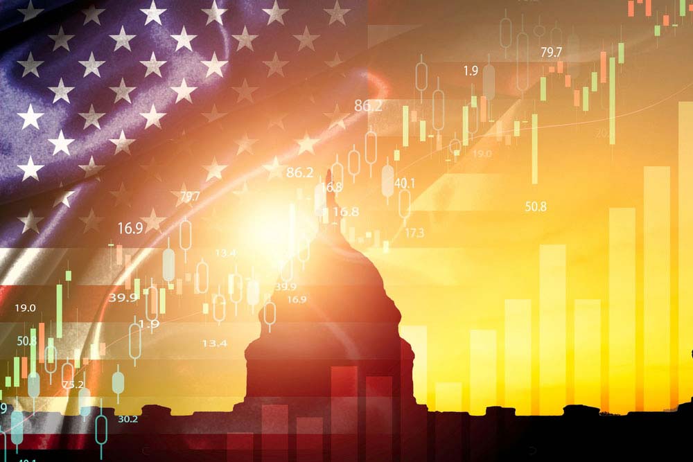 Image of a the Capitol building, and American flag and a stock chart