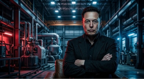 Elon standing in a warehouse with arms crossed